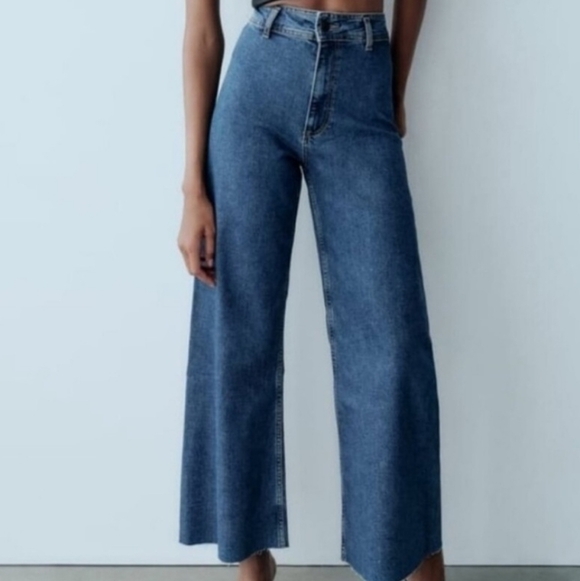 Zara High Waisted The Marine Straight Classic Blue Wide-Leg Jeans Sz 4 - Picture 2 of 8